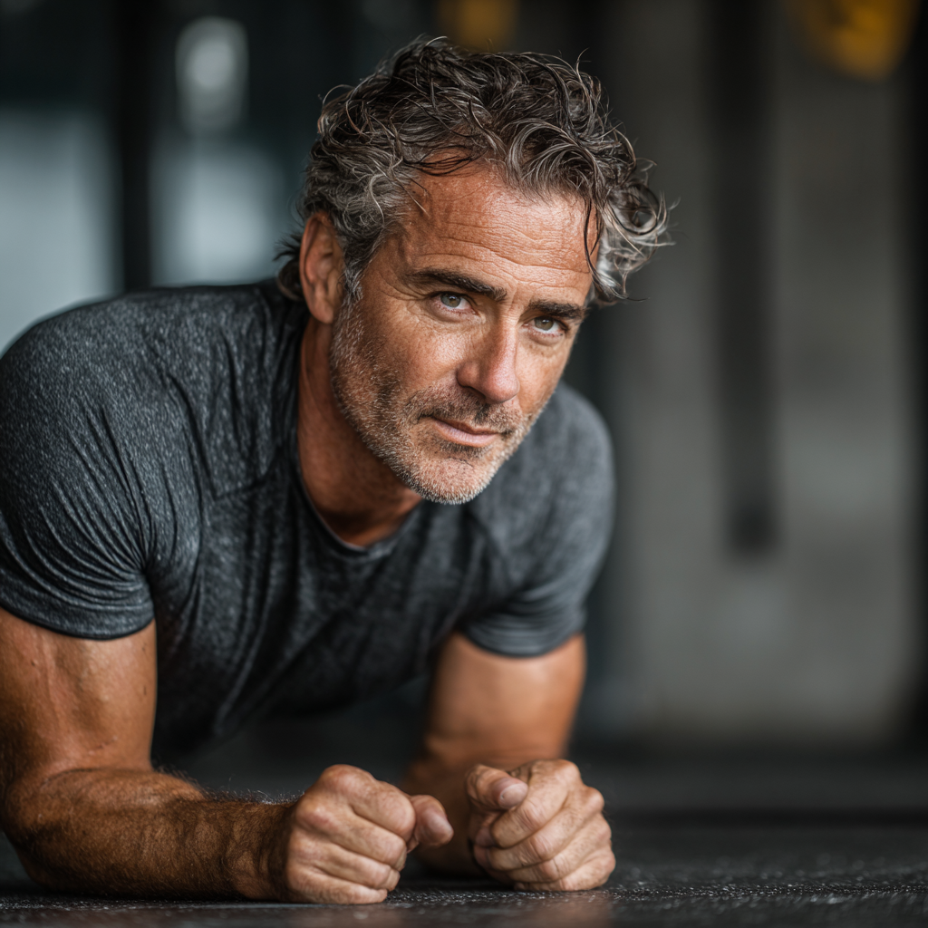 Confident man in his early 50s with graying hair, wearing a gray athletic shirt, performing a plank exercise on a fitness mat in a modern gym setting