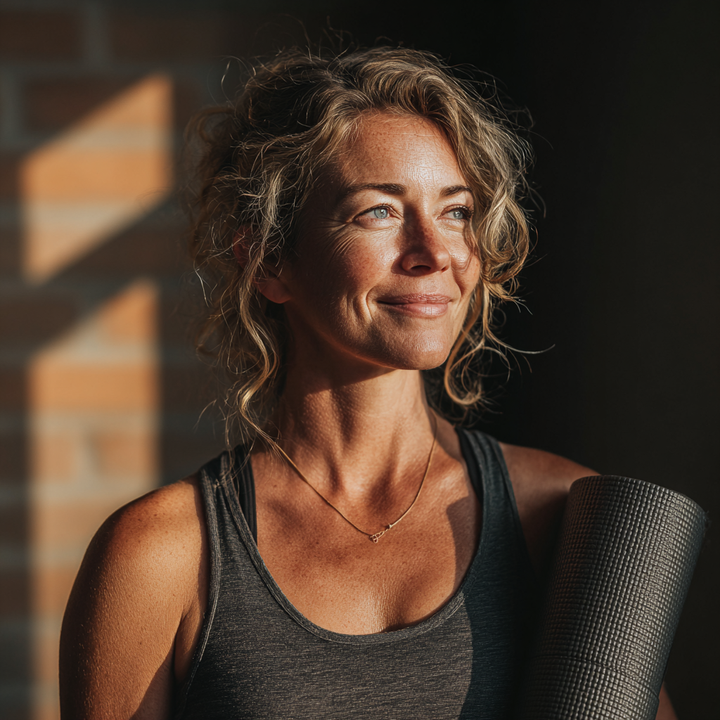 Smiling middle-aged woman in her 40s wearing athletic wear, holding a yoga mat, standing in a bright fitness studio with natural lighting